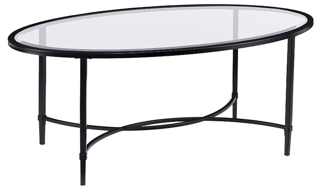 glass and black metal oval coffee table