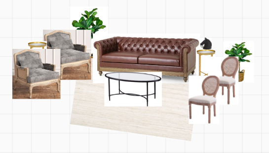 chesterfield lounge layout with louis chairs and two oversized wingback chairs