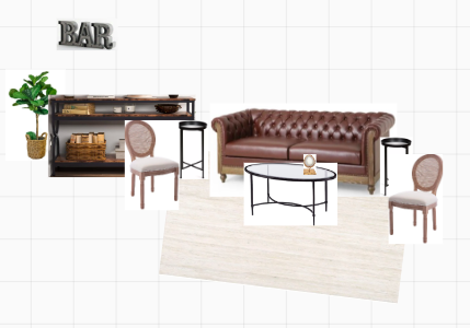 chesterfield lounge layout with two louis chairs and console table for whiskey bar