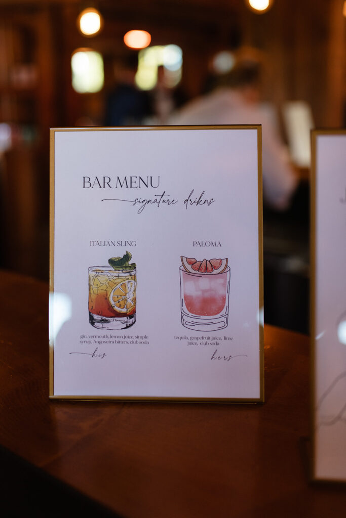 signature cocktail menu with watercolor illustration of drinks 