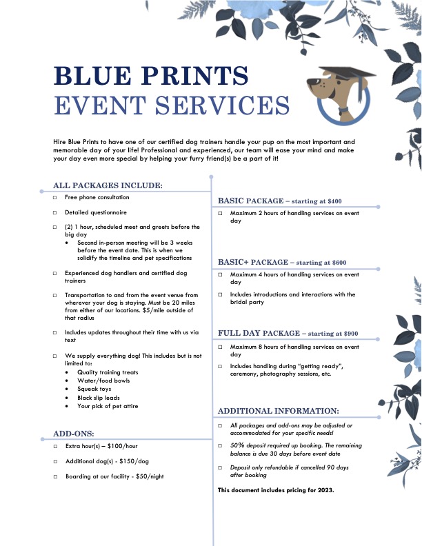 services and pricing sheet from blue prints dog studio for wedding management 