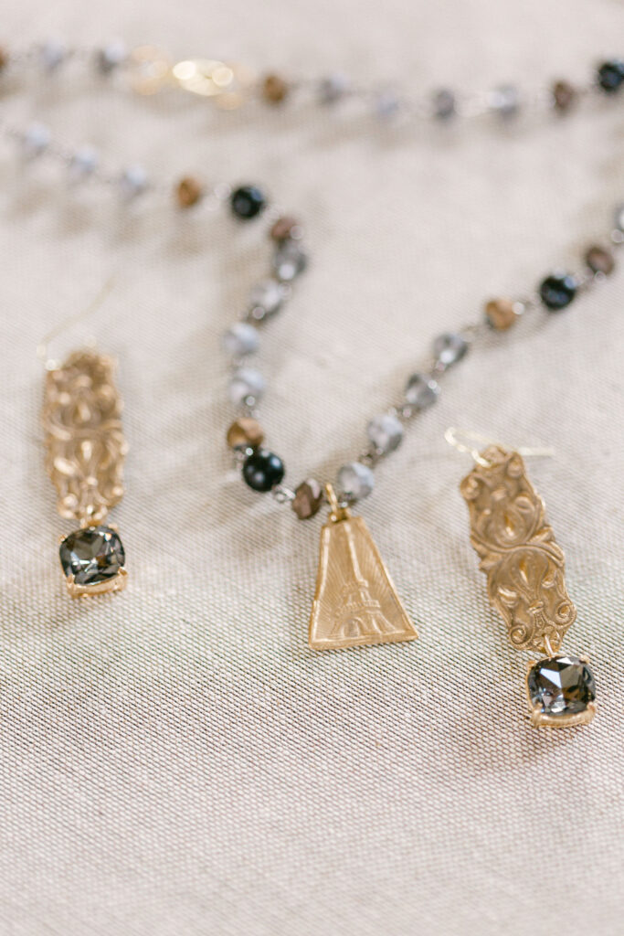 gold and black crystal necklace and earring set made by local jewelry designer 